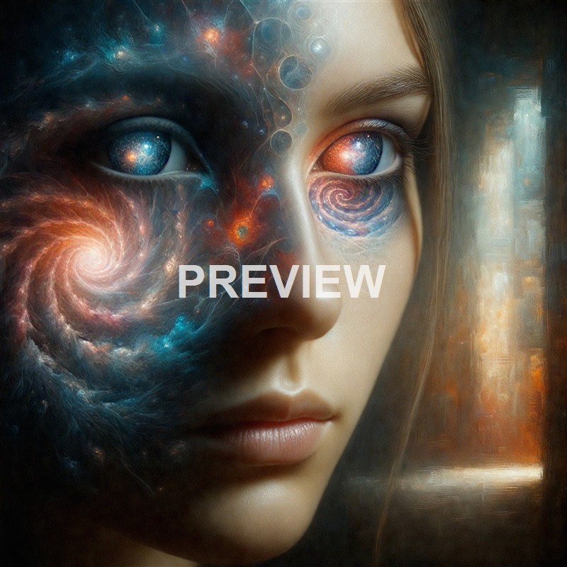 The image depicts a human face with cosmic and galaxy-like patterns integrated into the eyes and surrounding areas, creating a surreal, otherworldly effect.